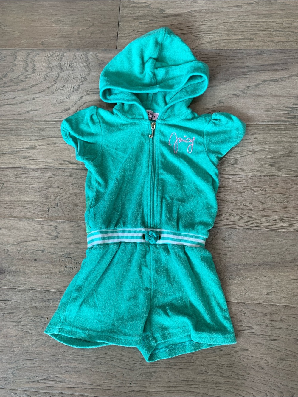 Juicy Couture Teal Hooded Terry Romper with Pink Embroidery Size 18-24M